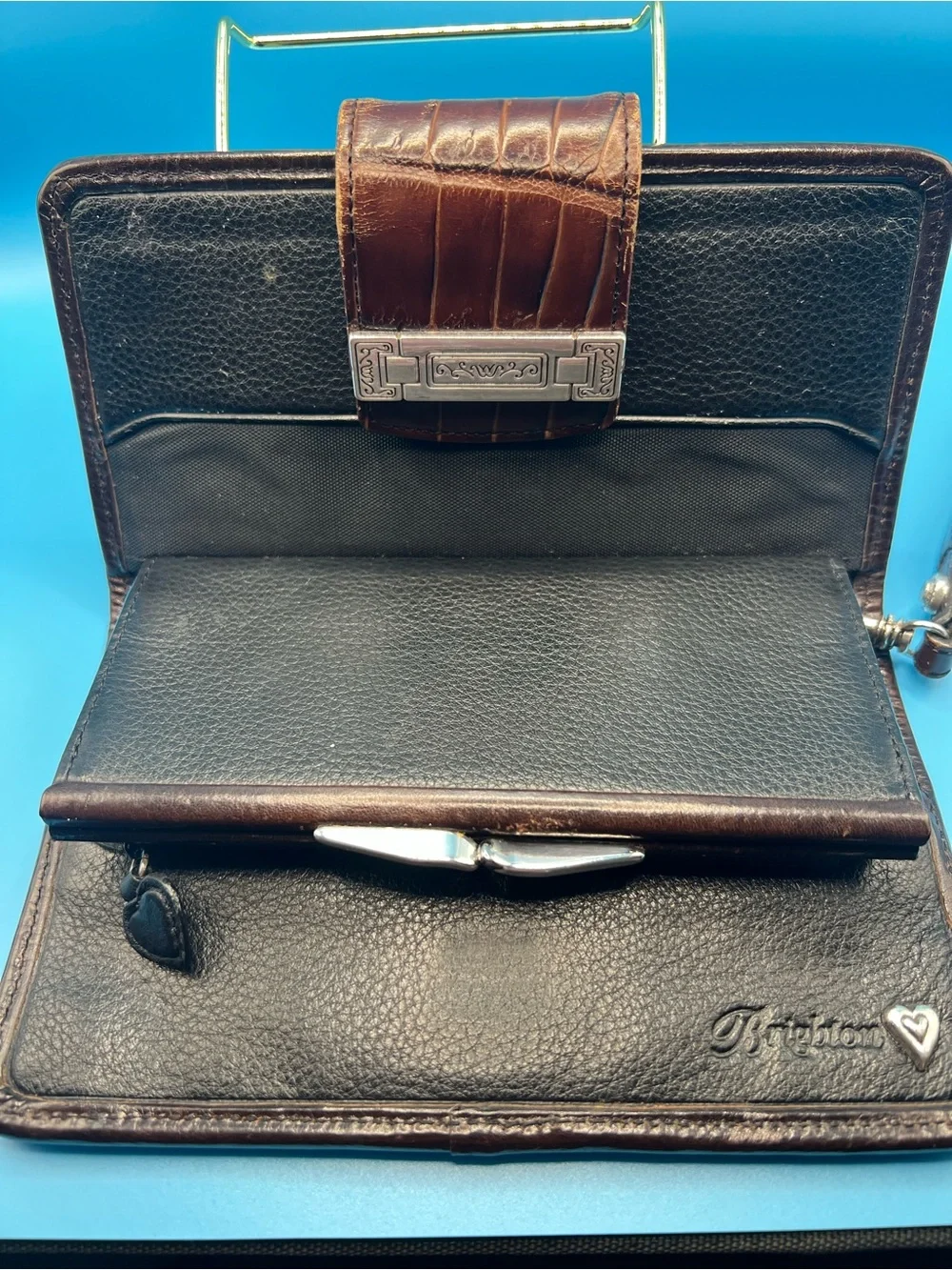 VTG Brighton Giverny Chocolate Brown Leather Basket Weave Wallet Clutch